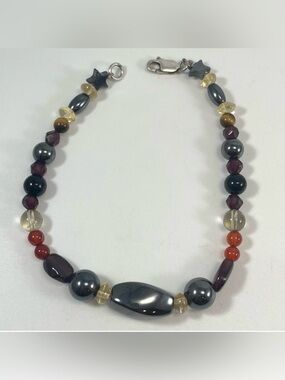 Stunning Vintage 7" Hematite & Gemstone Beaded Bracelet w/ Sterling Silver Clasp